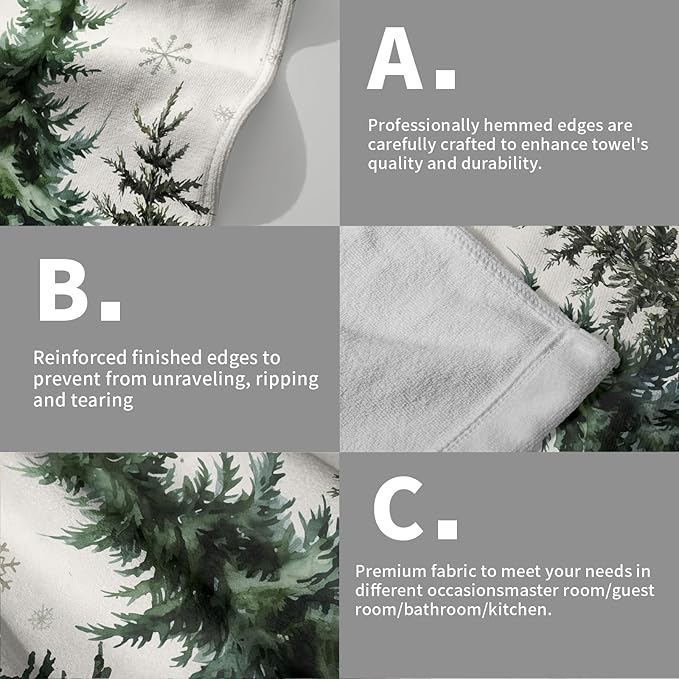 Green Xmas Tree Snowflake Hand Towel Set of 2 Soft Absorbent Winter Holiday Christma Tree Snow Decorative Tea Towels Baking Cooking Wash Cloth for Bathroom Kitchen Bar Beach Gym Spa Decor 14x28 Inch