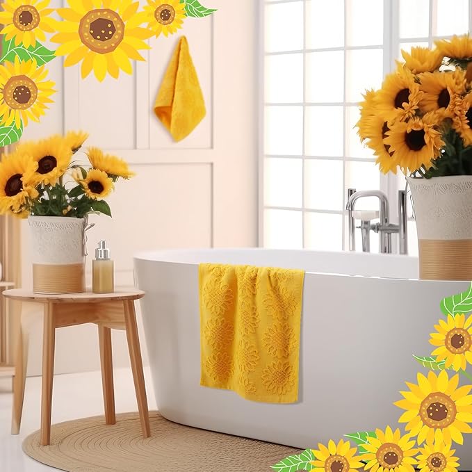 2 Pcs Sunflower Hand Towels for Bathroom 100% Cotton Jacquard Weave Bath Towel Set Soft Absorbent Dish Washcloth for Bathroom Kitchen Summer Theme Gifts 13.8 x 29.5 Inch (Yellow)