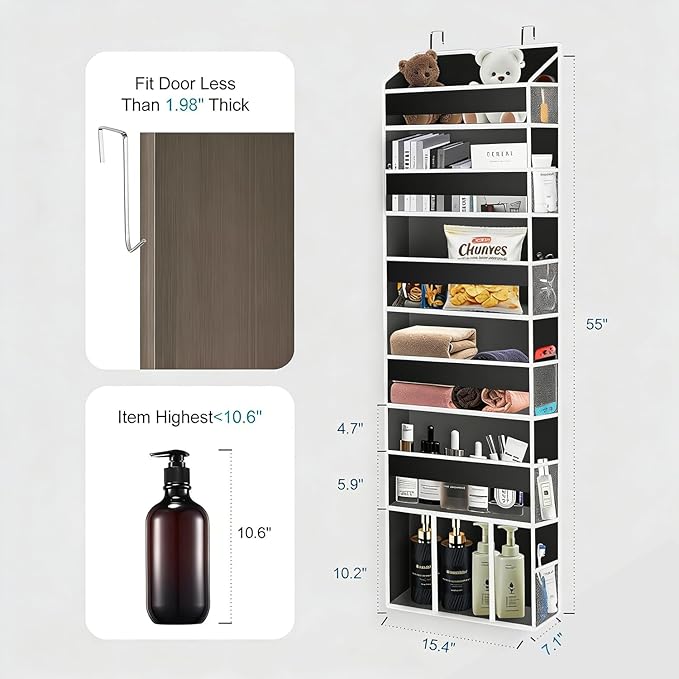 Over The Door Organizer Closet,6 Bins 12 Side Pockets,Hanging Organizer,Anti Tilt 50 lbs Load Organizers and Storage with Clear Window for Bedroom,Nursery,Rv,Bathroom,Camper(Black)