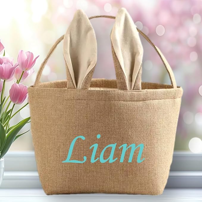 Personalized Easter Basket for Kids - For Boys - For Girls - Easter Bunny Basket with Custom Embroidered Name - For Egg Hunt Fillable Candy Gift - Burlap