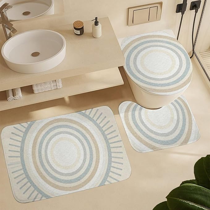 4 Piece Bathroom Rug Set with Shower Curtain, Non-Slip Bath Mat Toilet Cover Set, Center of Circles Bathroom Rug Sets