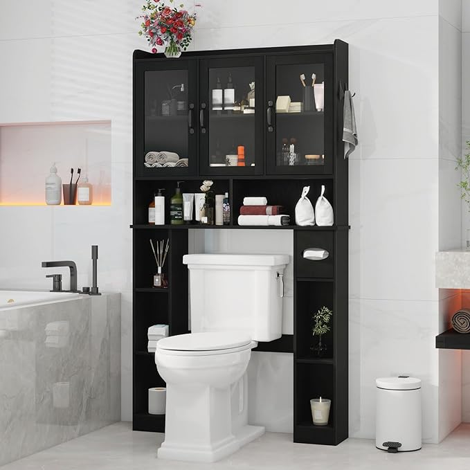 Vabches Over The Toilet Storage Cabinet,Farmhouse Bathroom Organizer with Glass Doors and Adjustable Shelf,Home Space-Saving Toilet Rack,for Restroom,Bathroom, Laundry