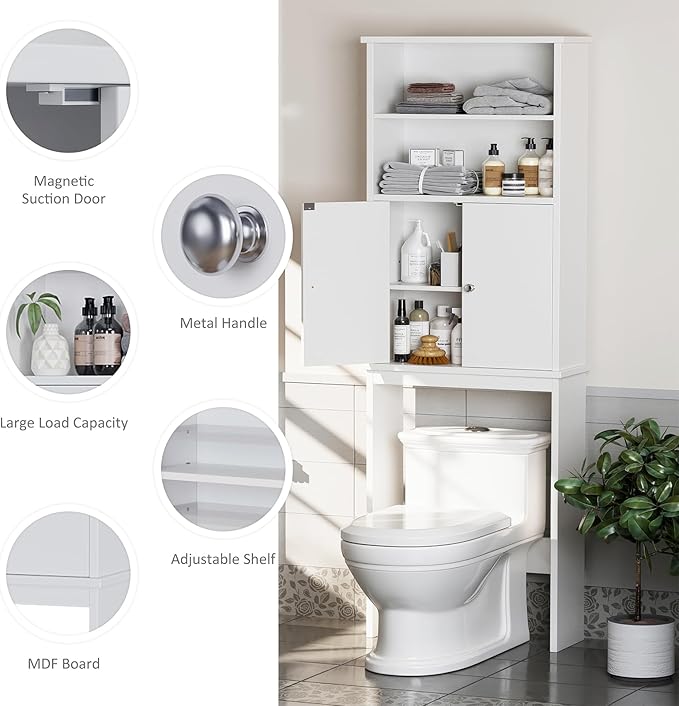Meilocar Over The Toilet Storage Cabinet for Bathroom, Extra Tall Over Toilet Storage, Space Saver W/Adjustable Shelf & Open Storage Shelf, 75in, White