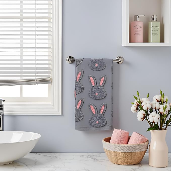 2pcs Easter Bunny Hand Towels Set 100% Cotton Soft Absorbent Spring Bathroom Hand Towels 14x29 Inch Cute Jacquard Easter Kitchen Decor Towels Holiday Kitchen Bathroom Decor Gift(Grey)