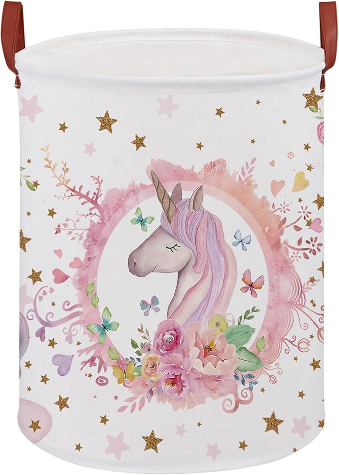 Unicorn Baby Girl Laundry Hamper, Unicorn Room Decor Kids Basket,Rainbow Toddler Storage Toy Box,Cute Clothes Book Toy Bin for Bedroom Bathroom (Pink)