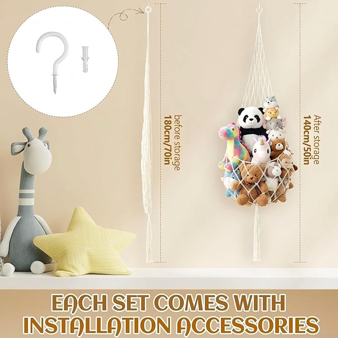 Tioncy 2 Sets Stuffed Animal Storage Organizers Stuffed Animal Hammock Corner Ceiling Hanging Net Macrame Display Holder Wall Mounted for Bedroom(Cream)