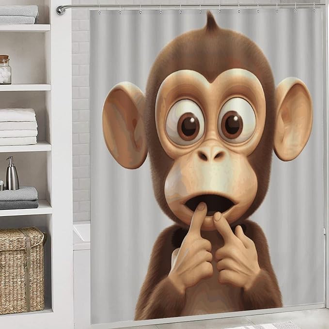 4 Piece Bathroom Rug Set with Shower Curtain, Non-Slip Bath Mat Toilet Cover Set, The Silent Monkey Bathroom Rug Sets