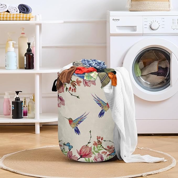 Colorful Flower Bird Butterfly Laundry Basket with Sturdy Handles, Retro Floral Collapsible Oxford Cloth Laundry Hamper Organizer Basket for Bathroom Bedroom 15.7x20 Inch