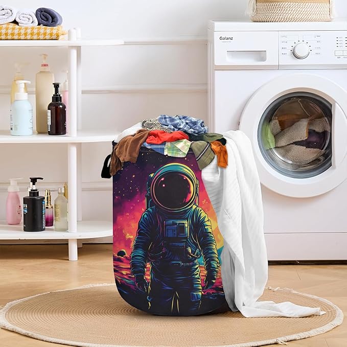 Astronaut Laundry Basket with Sturdy Handles, Universe Planet Collapsible Oxford Cloth Laundry Hamper Organizer Basket for Bathroom Bedroom 15.7x20 Inch
