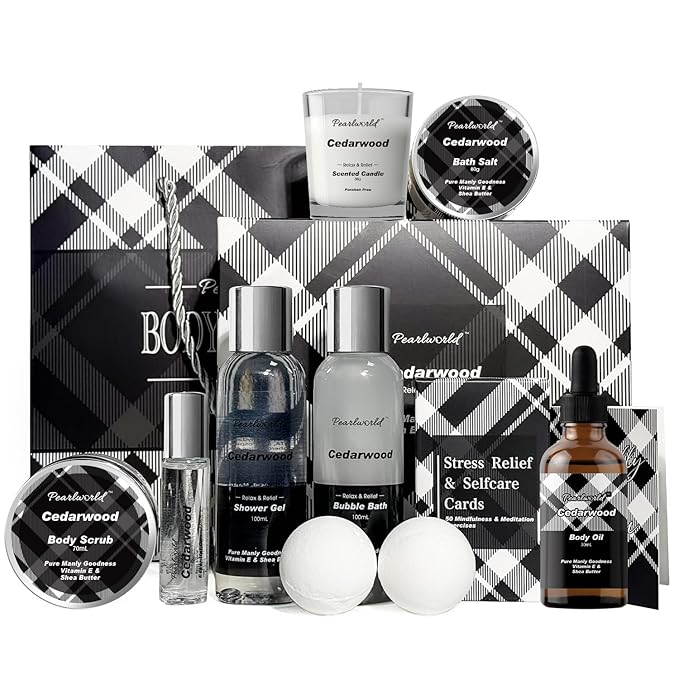 12Pcs Men's Spa Gift Set - Cedarwood Bath & Body Care Kit, Home Spa Set with Natural, Perfect Gifts for Men - Father's Day, Birthday, Valentine's & Christmas