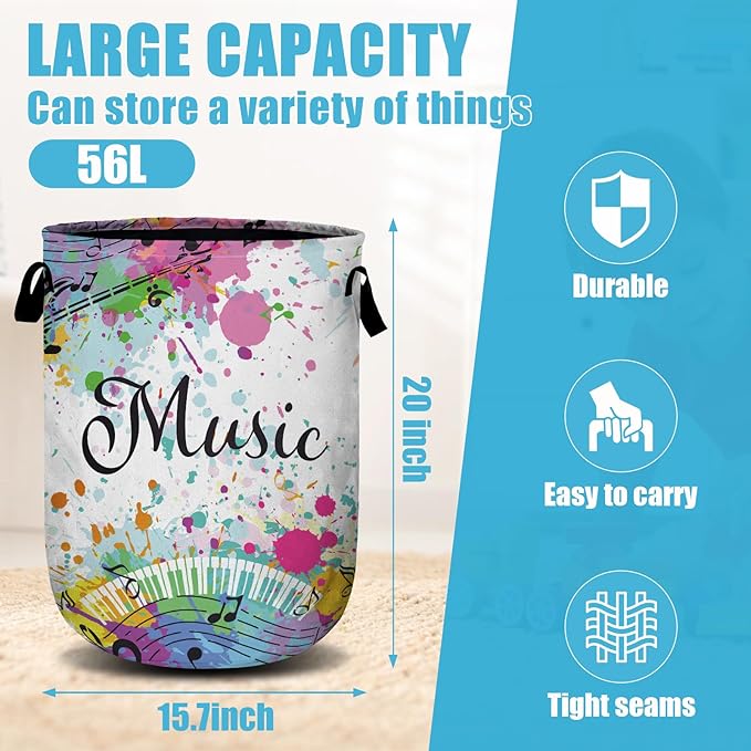 Music Guitar Laundry Basket, Laundry Hamper Collapsible Oxford Cloth with Handle Clothes Toy Storage Bin for Bathroom Laundry Room Bedroom 15.7 X 20 Inch