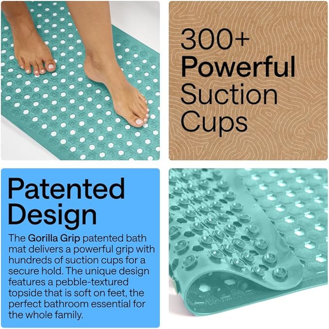GORILLA GRIP Patented Bath Tub Shower Mat, Machine Washable Bathtub Floor Liner Mats, Suction Cups and Drain Holes to Keep Tubs Clean, Soft on Feet, Bathroom Essentials, 35x16 Inch, Turquoise Opaque