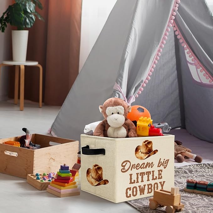 Western Cowboy Nursery Storage Bins Box with Handles, Dream Big Little Cowboy Country Western Laundry Basket Hamper Collapsible Clothes Toys Organizer for Kids Boys Bedroom Bathroom