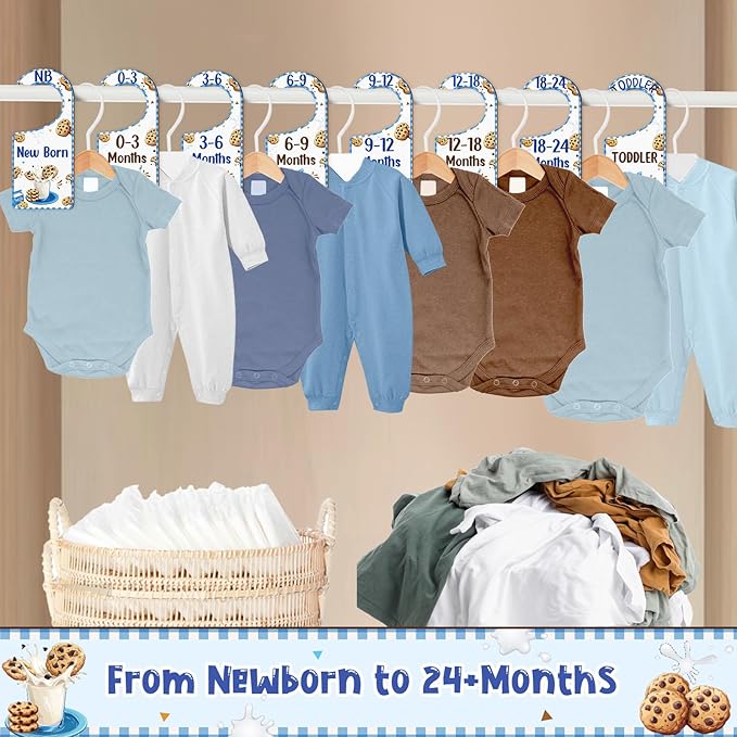 Baby Closet Dividers 8PCS, Milk and Cookies Themed Wooden Double-Sided Clothes Size Hanger/Organizer from Newborn to Toddler for Nursery Decor Baby Shower Birthday Gender Reveal Party Gift