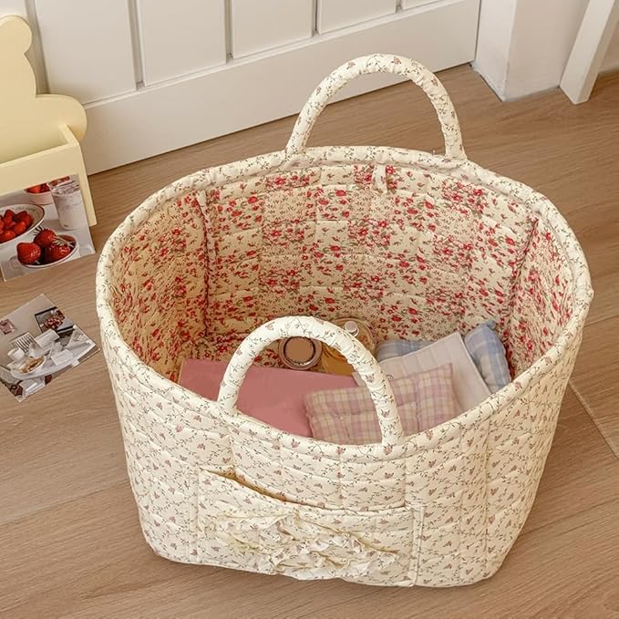 JQWYGB Foldable Laundry Basket Boho Bear Storage Basket Floral Quilted Fabric Car Storage Basket Handles Large Laundry Baskets for Clothes and Dolls