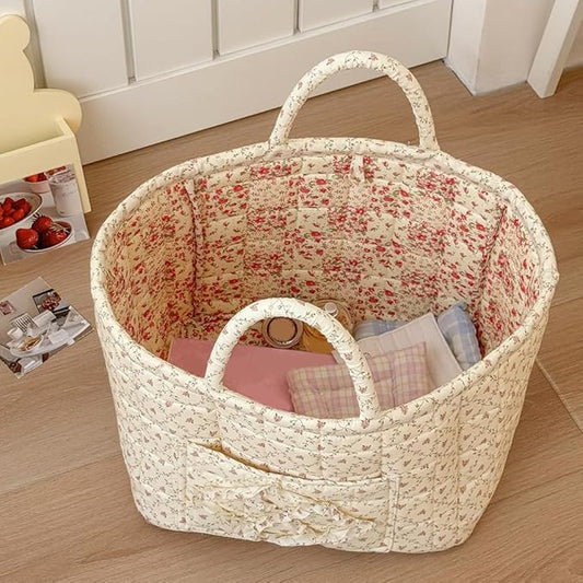 JQWYGB Foldable Laundry Basket Boho Bear Storage Basket Floral Quilted Fabric Car Storage Basket Handles Large Laundry Baskets for Clothes and Dolls
