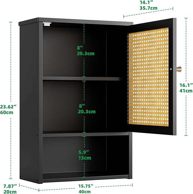 Bathroom Wall Cabinet, Bamboo Over-The-Toilet Storage Organizer with Rattan Doors and Adjustable Shelf, Space Saver Medicine Cabinet for Laundry, Kitchen, Living Room (Black)