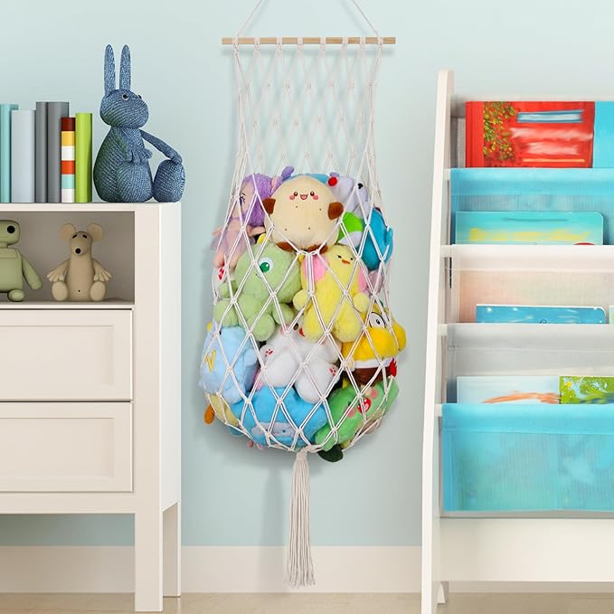 Stuffed Animal Storage Net, 68 Inch Jumbo Macrame Vertical Stuffed Animals Hammock Corner, Wall Ceiling Hanging Stuffy Hammock Plushie Holder Display for Kid Boy Girl Gift Boho Nursery Decor (Cream)