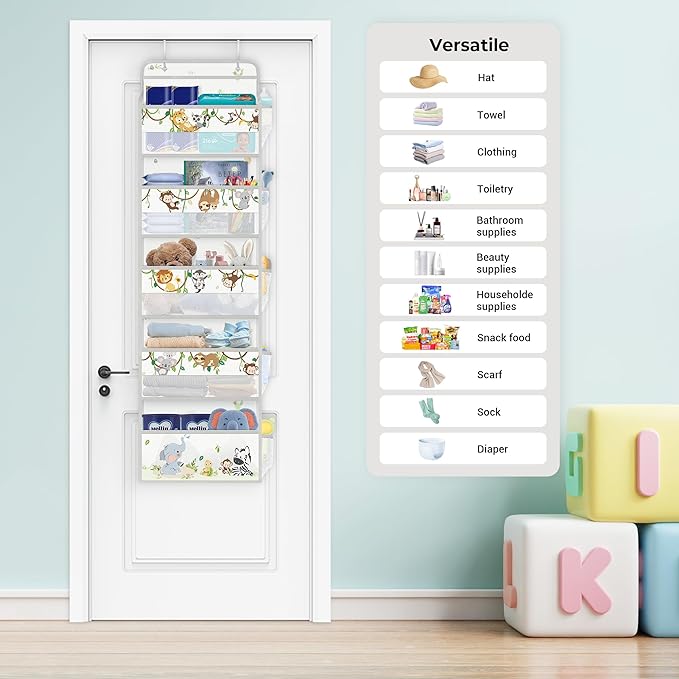 Clastyle Elephant Lion Kid Over The Door Organizer Storage Woodland Vine 5 Shelves Closet Nursery Hanging Shelves Clothes Diaper Stuffed Animal Toy Storage for Newborn Baby Essential