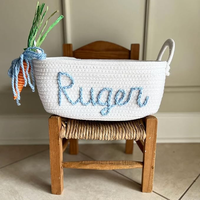 Personalized Rope Cotton Easter Basket Adorable Carrot Decorations Long Handle or Tie Handle Customizable with Child's Name (Style 2-Tie Handle)