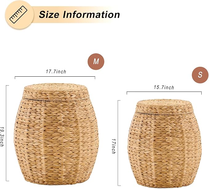 Round Wicker Basket with Lid, Handwoven Hyacinth Storage Basket, Blanket Organizer Basket for Laundry, Bathroom, Bedroom, Living Room, Office