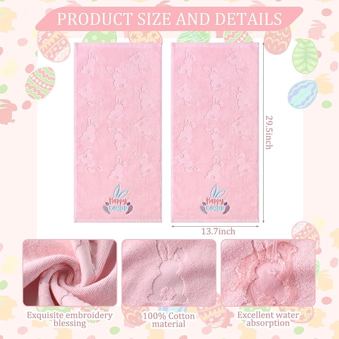 2 Pcs Easter Hand Towels for Bathroom Bunny Easter Bath Towels Pink 100% Cotton Jacquard Embroidered Decorative Gift Set Kitchen Decor Home Accessories