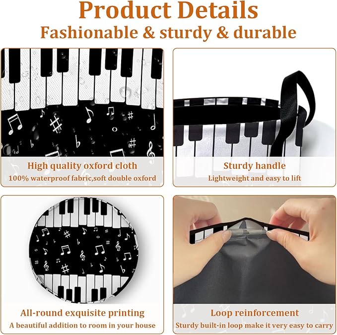 Piano Keyboard Laundry Basket with Sturdy Handles, Music Note Collapsible Oxford Cloth Laundry Hamper Organizer Basket for Bathroom Bedroom 15.7x20 Inch