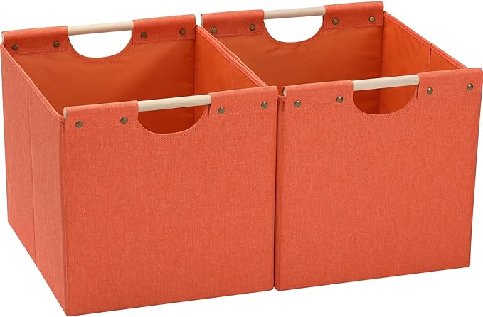 HOONEX Large Collapsible Storage Bins, Linen Fabric, Pack of 2, Storage Baskets with Wooden Carry Handles and Sturdy Heavy Cardboard, for Home, Office, Car, Nursery, Orange