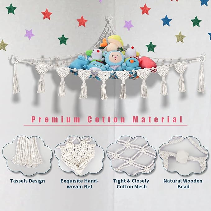 Stuffed Animals Net w/LED Star Light, 56 Inch Jumbo Toy Hammock Hanging Storage Organizer Holder Nursery Décor for Teddy Plushie, Cream Stuffed Animals Hammock Corner for Kid Girls Boys Gift