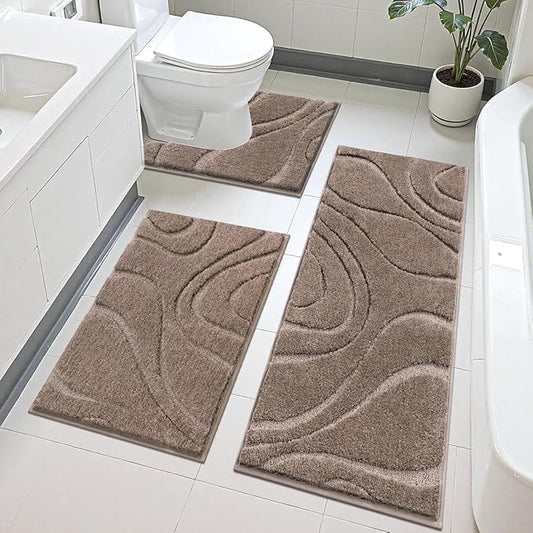 HEBE Bathroom Rug Sets 3 Piece, Non Slip Shower Mats with U-Shaped Contour Toilet Mat, Absorbent Microfiber Bath Mats for Bath Rugs, Washable Shaggy Floor Carpet, Coffee