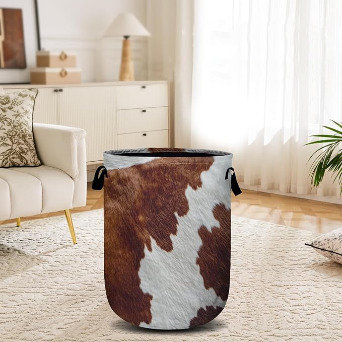 Brown Cow Skin Laundry Basket, Laundry Hamper Collapsible Oxford Cloth with Handle Clothes Toy Storage Bin for Bathroom Laundry Room Bedroom 15.7 X 20 Inch