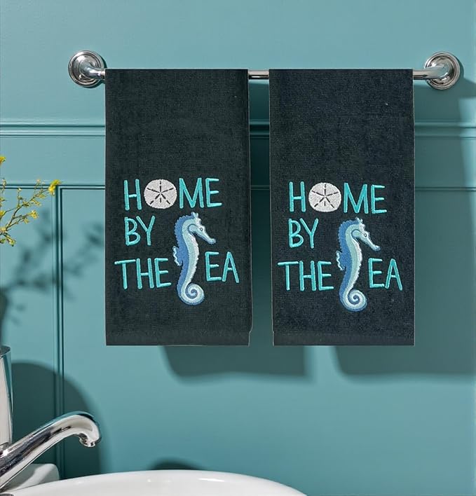 Home by The Sea Embroidered Seahorse Guest Hand Bath Towels, 2 Piece Set, 100% Cotton, Dark Gray