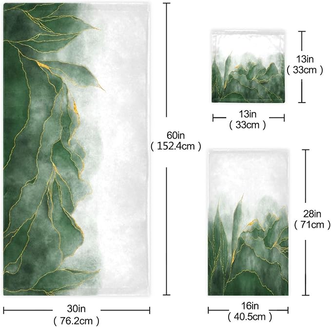 3 Piece Ombre Green Leave Bath Towels Set,Microfiber Absorbent Emerald Green Gold Marble Texture Towels for Bathroom,1 Bath Towel,1 Hand Towel,1 Washcloth,Modern Decorative Bathroom Towels