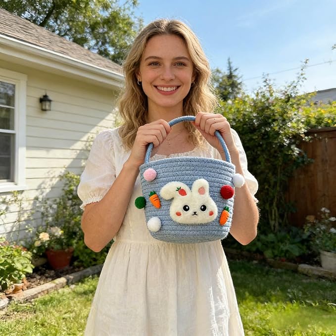 Cute Rabbit Easter Basket, 2026 New Soft & Durable Woven Easter Bunny Basket for Egg Hunt, Personalized Easter Basket with Handle for Boys, Girls, Easter Party Supplies (Blue 7.87 Inches)