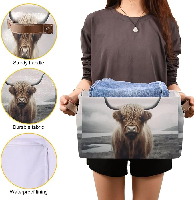 YETTASBIN Highland Cow Storage Basket 1pc, Large Collapsible Toys Clothes Organizer, Durable Canvas Storage Bin with Handle for Shelves Closet Laundry Home Office Decor