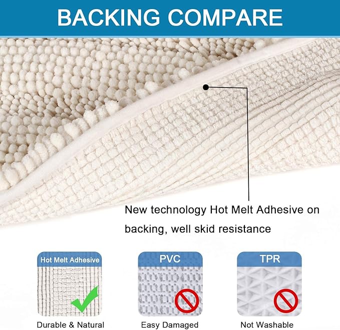 H.VERSAILTEX 3 Piece Thick Striped Bath Rugs Set for Bathroom Non Slip Soft Absorbent Bath Mat for Tub, Shower and Toilet(17''x24''+20''x32''+20''x24'' U-Shaped, Ivory)