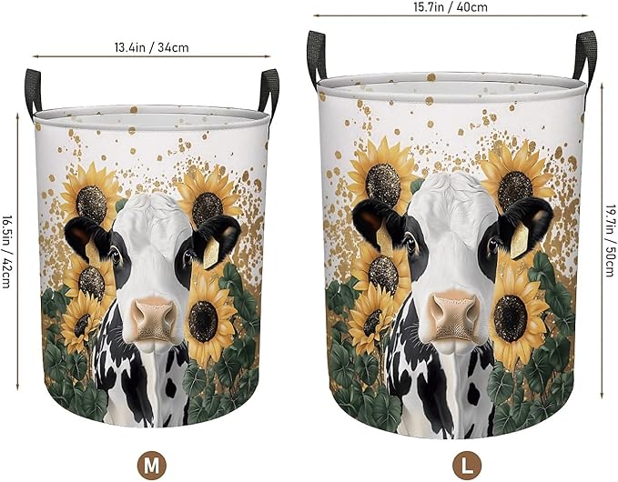 Cow Sunflower Laundry Basket, Large Canvas Collapsible Organizer Storage Basket for Nursery,Office,Toy Organizer,Home,Decor - 19.7" X 15.7 "