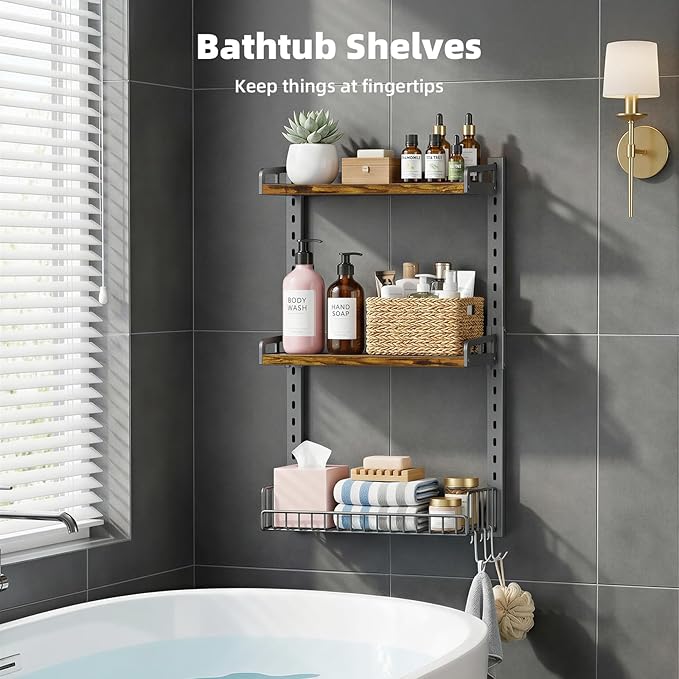 3 Tier Bathroom Shelves Over Toilet - Wall Mounted Floating Shelves with Drain Basket, Toilet Paper Storage, Height Adjustable Over The Toilet Storage, Vintage Brown