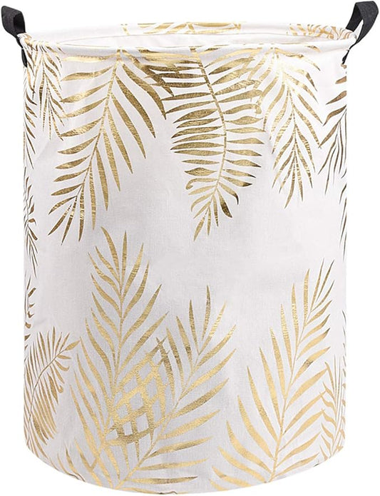 UUJOLY Collapsible Laundry Basket, Laundry Hamper with Handles Waterproof Round Cotton Linen Laundry Hamper Printing Household Organizer Basket, 19.7x15.7 inches (Gold leaf)