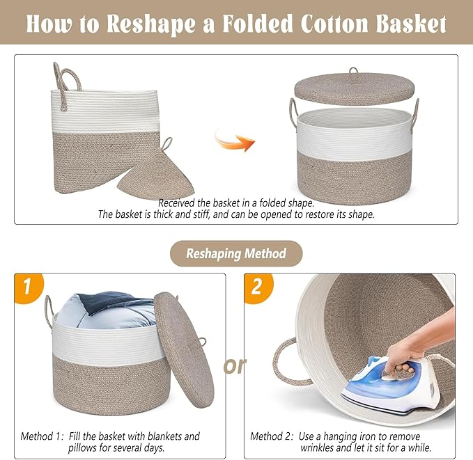 21" x 18" Extra Large storage baskets,Decorative blanket basket with lid for Living room,rope baskets with lid,wicker hamper for bedroom,Big,Round,White & Brown 115L