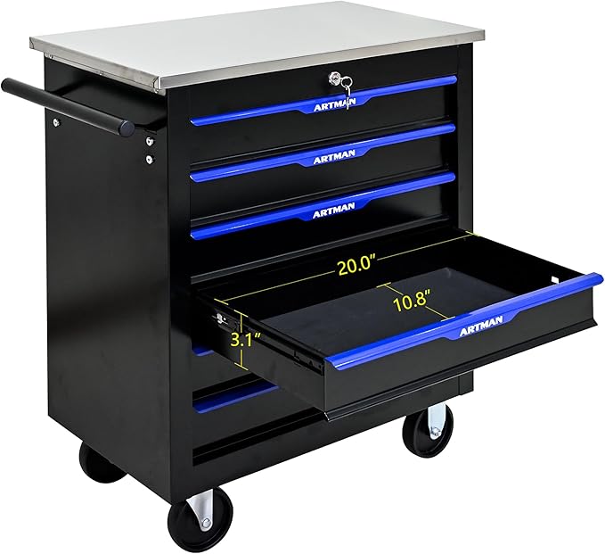 6 Drawers Rolling Tool Chest Cart PLUS ,Tool Storage Cabinet With 4 Wheels.Tool Cabinet Trolley With Locking System and Stainless Steel Countertops.Tool Storage Cart for Garage,Workshop,Warehouse