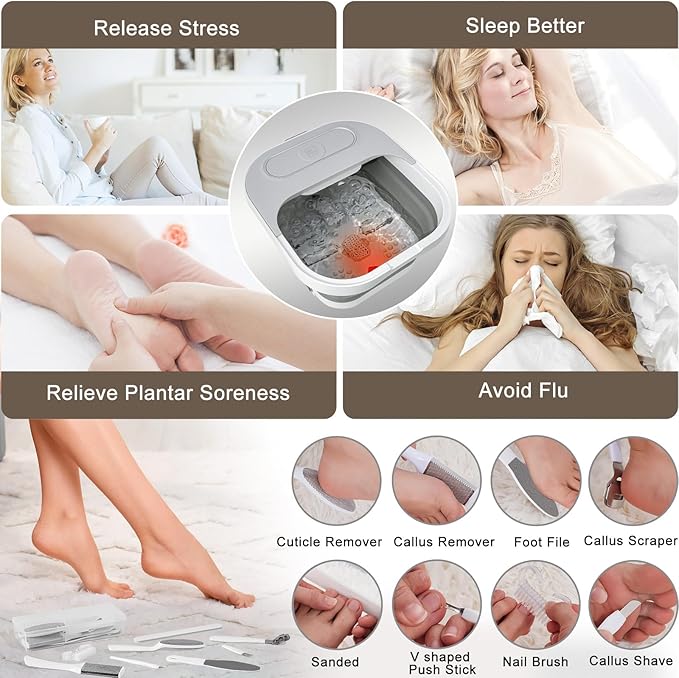 Collapsible Foot Spa Bath with Heat and Massage Rollers, Bubble, Foot Pedicure Kit, Temperature Control, Red Light, Pedicure Foot Spa, Foot Bath