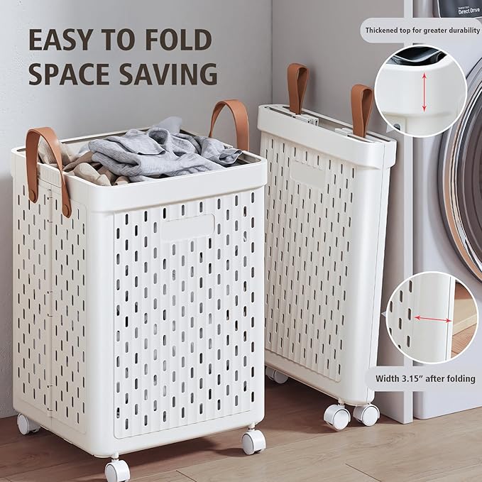 UAK Plastic Laundry Basket with Wheels & Handle, 67L Heavy Duty Foldable Laundry Hamper – Easy Clean Waterproof Rolling Organizer for Bathroom & Laundry Room, White