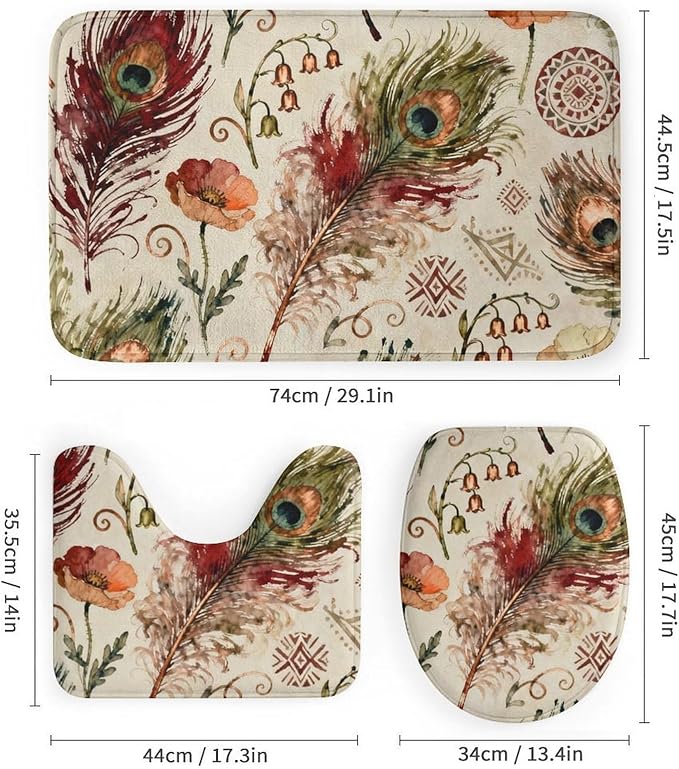 4 Piece Bathroom Rug Set with Shower Curtain, Non-Slip Bath Mat Toilet Cover Set, Peacock Feathers Bathroom Rug Sets