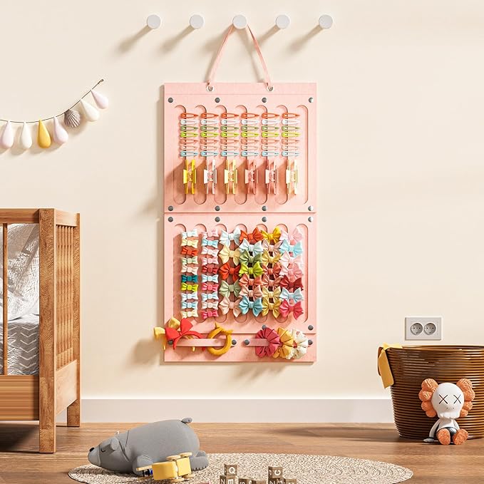 Bow Holder for Girls Hair Bows, Hair Accessories Organizer for Toddler Kids Baby Girl, Hanging Hairbow Storage Organizer Hanger Rack for Hair Stuff, Nursery Room Decor for Wall Door, Pink