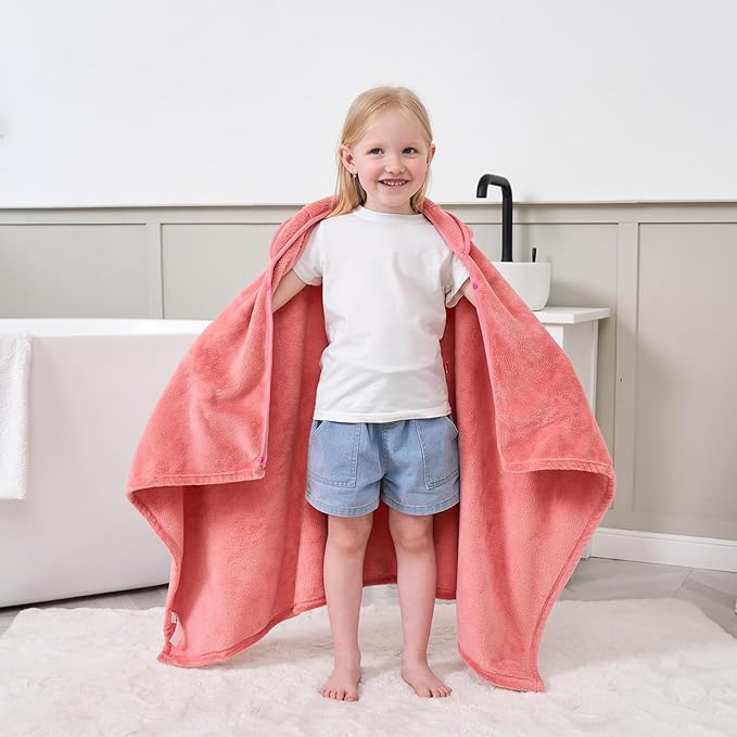 Hiturbo Kids Hooded Bath Towel: Soft Fleece Towel Blanket Cartoon Animal - Pool Beach Towels Wrap 50"x30" for Boys Girls 3-12 Yrs (Pink Rabbit)
