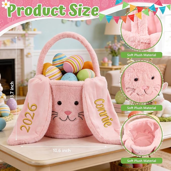Personalized Easter Baskets for Kids Egg Basket Gingham Bunny Ear Bucket Candy with Handle Tote Bucket Reusable Goody Baskets for Kids Gifts Bags