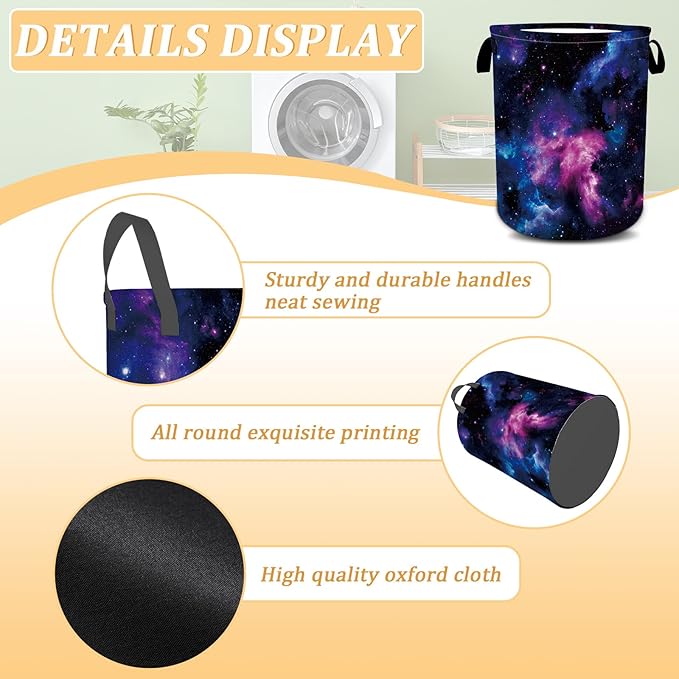 Purple Galaxy Space Laundry Basket, Space Laundry Hamper, Oxford Waterproof Foldable Clothes Storage Bin, Toy Organizer Basket for Bathroom/Household/College Dorms 15.7"x19.6"