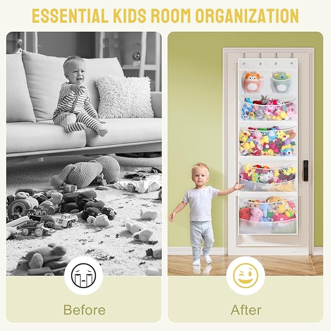 Yecaye Stuffed Animal Storage, Hanging Organizer for Stuffed Animals with 6 Expandable Mesh Net Pockets, Stuffed Animal Hammock, Over the Door Organizer, White
