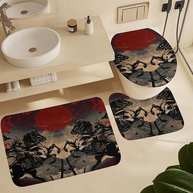 Abstract Japanese Samurai Shower Curtain Sets with Rugs 4 Piece Accessories Bathroom Curtains Shower Set Include Shower Curtain Non-Slip Rug Toilet Lid Cover Bath Mat One Size